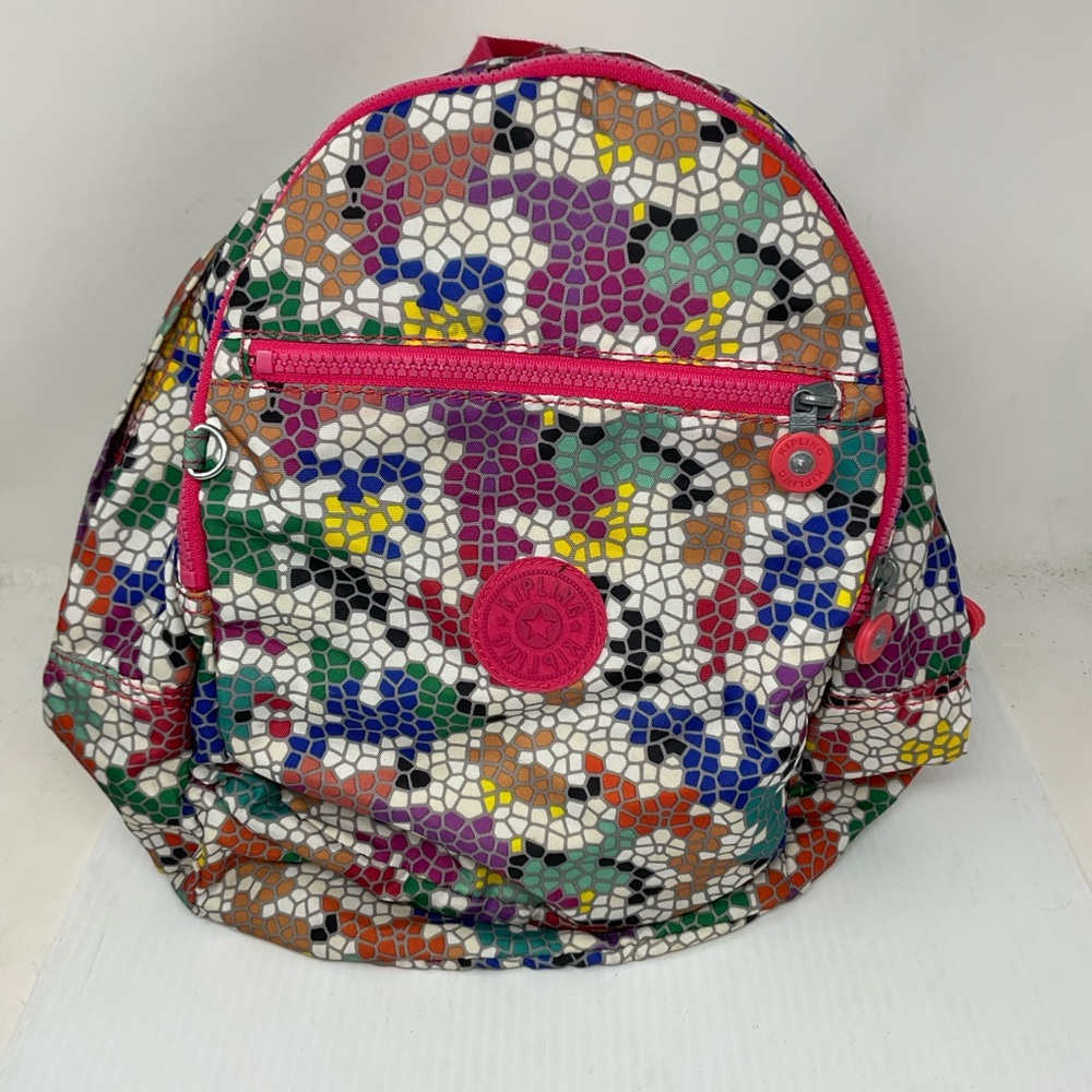 Kipling Mosaic rainbow women's backpack pink trim. As is